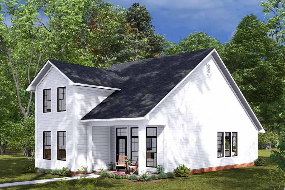 House plan exterior: Two-story Modern Farmhouse with gabled roofs, porch, and multiple windows.