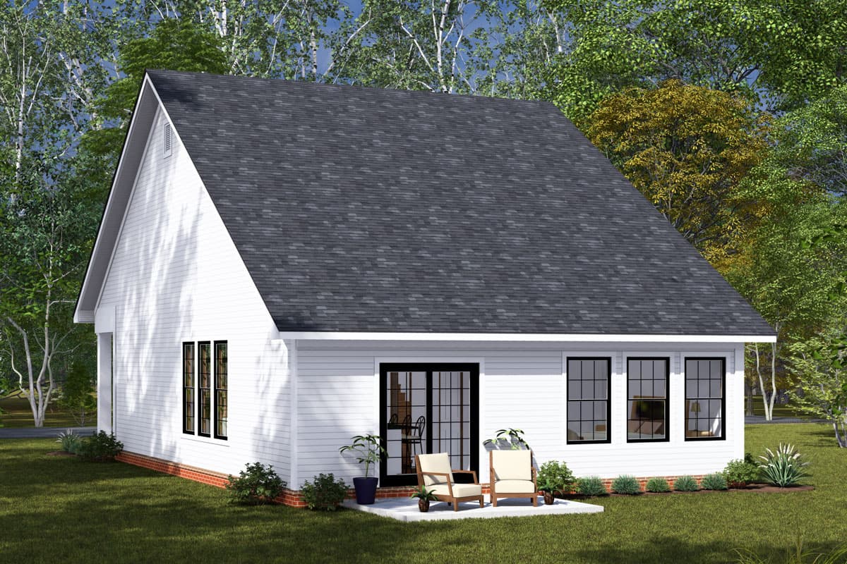 House plan exterior: One-story modern farmhouse with a steep gabled roof, white siding, and a rear patio with double doors.