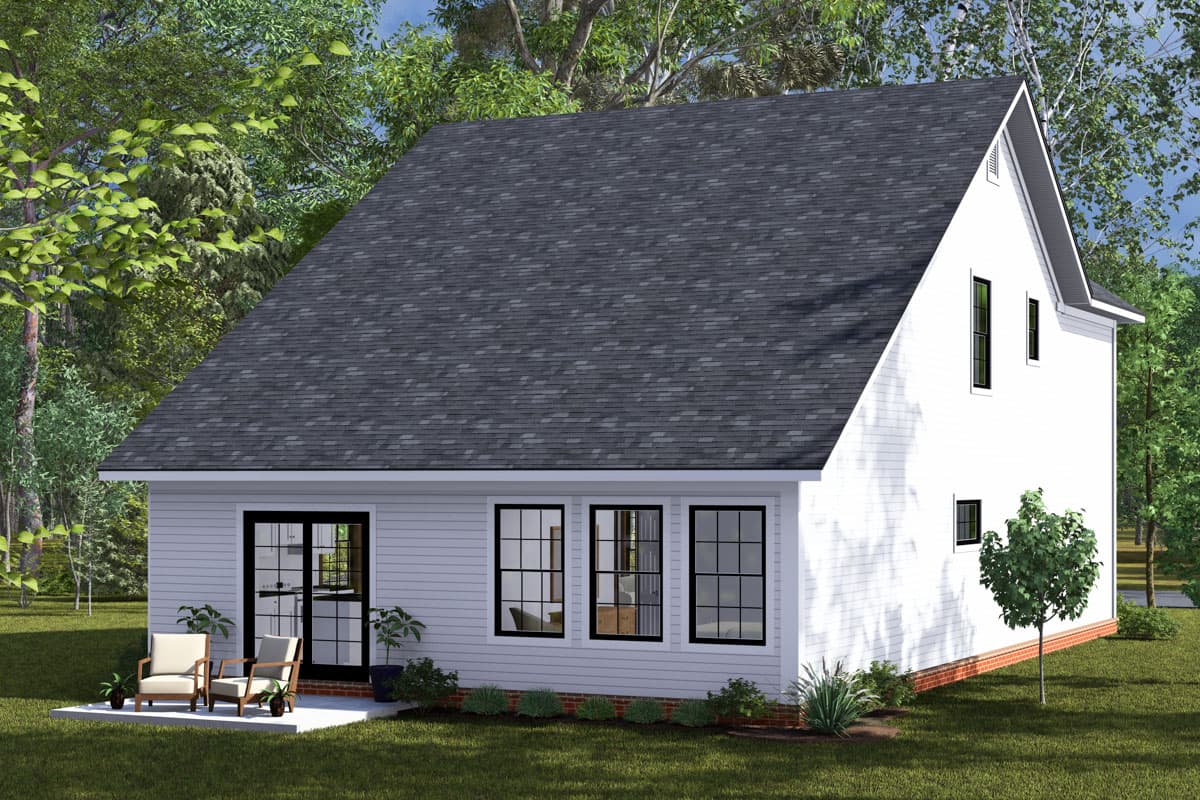 House plan exterior: Two-story home with a steeply pitched roof, side gable, and prominent side wall. Features a covered patio area with seating.