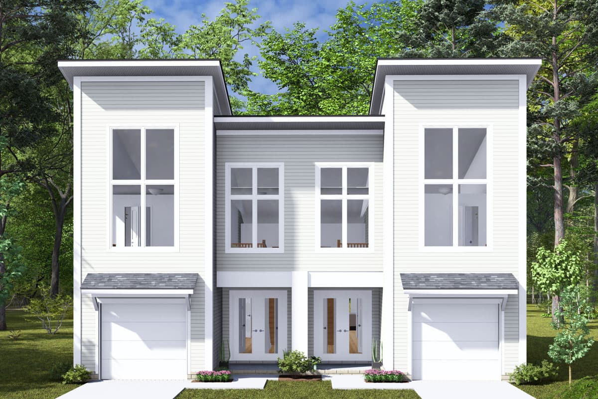 House plan exterior. Two-story, Modern style townhouse with two garage doors and large multi-pane windows. Each unit has a small entry overhang.
