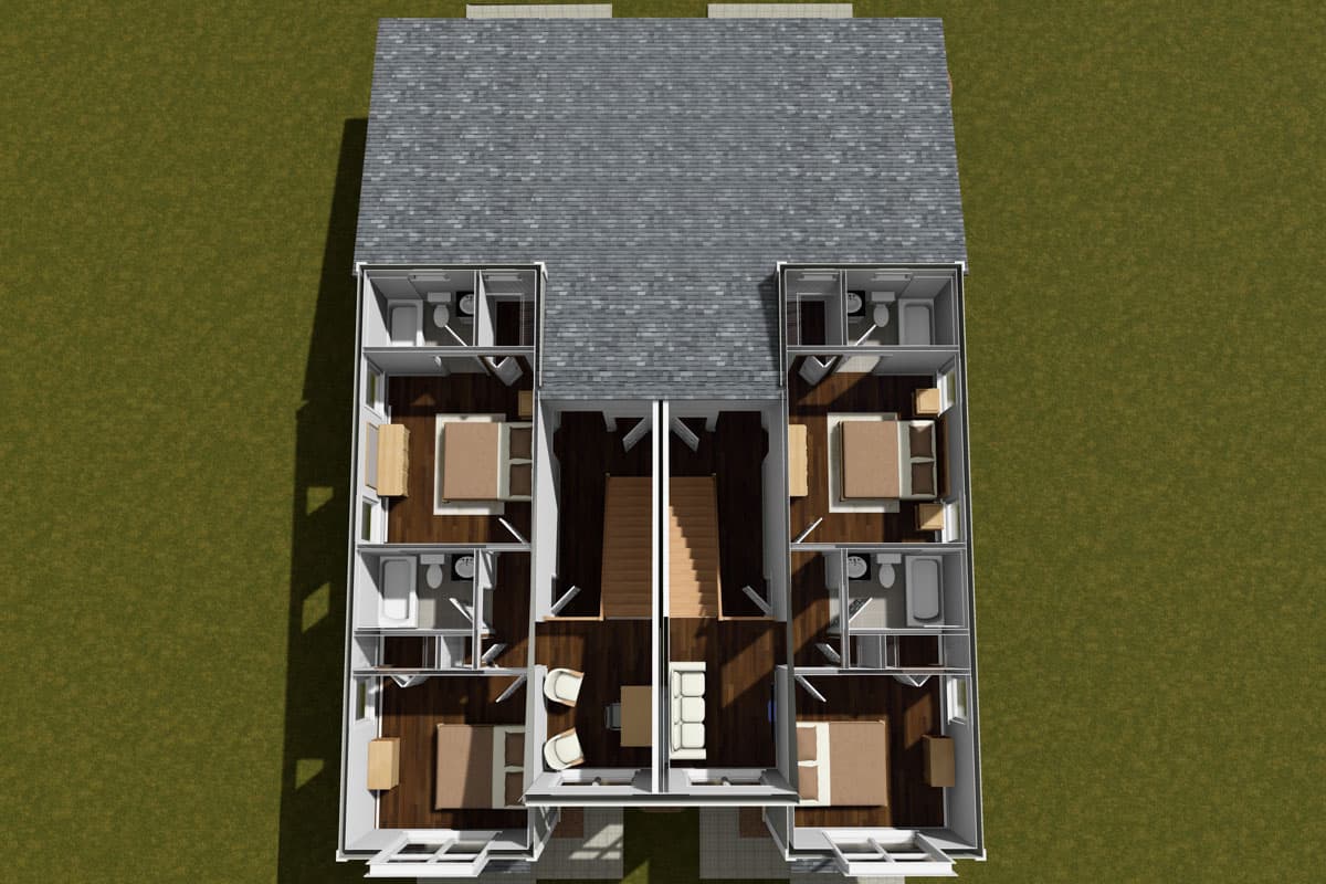 Plan 52393WM: Two-Story Contemporary Duplex with 3-Beds Per Unit Under 1400 Sq Ft - Image #8 - Contemporary