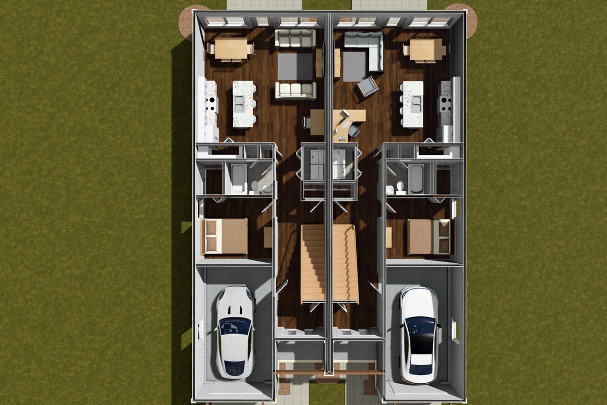 Plan 52393WM: Two-Story Contemporary Duplex with 3-Beds Per Unit Under 1400 Sq Ft - Image #7 - Contemporary