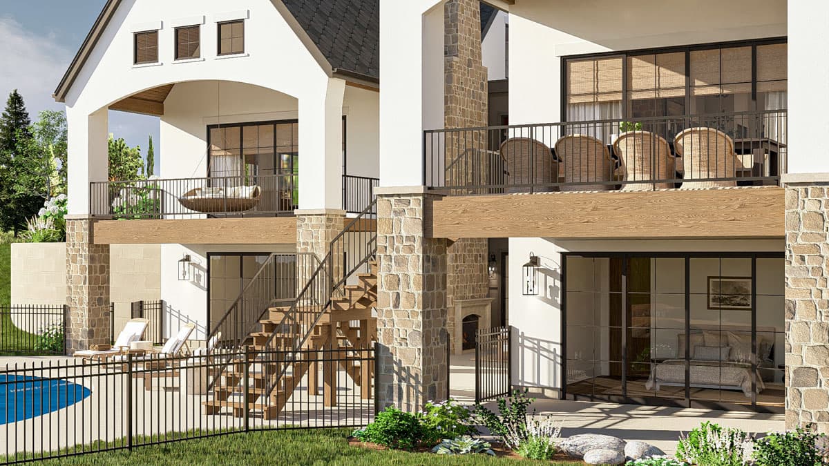 House plan exterior with stone accents, multiple balconies, gabled roof, and arched entryway.