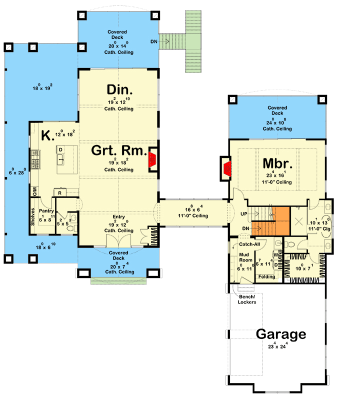 Plan 623462DJ: European-Style Lake House Plan with Optionally Finished Lower Level - 2494 Sq Ft - Floor Plan - Main Level - European, Transitional
