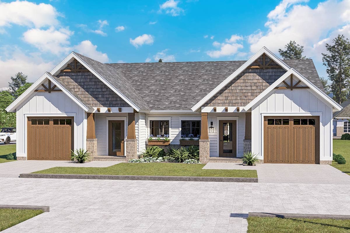 House plan exterior featuring Craftsman style, two gabled dormers, wood garage doors, and a covered porch with a pergola detail.