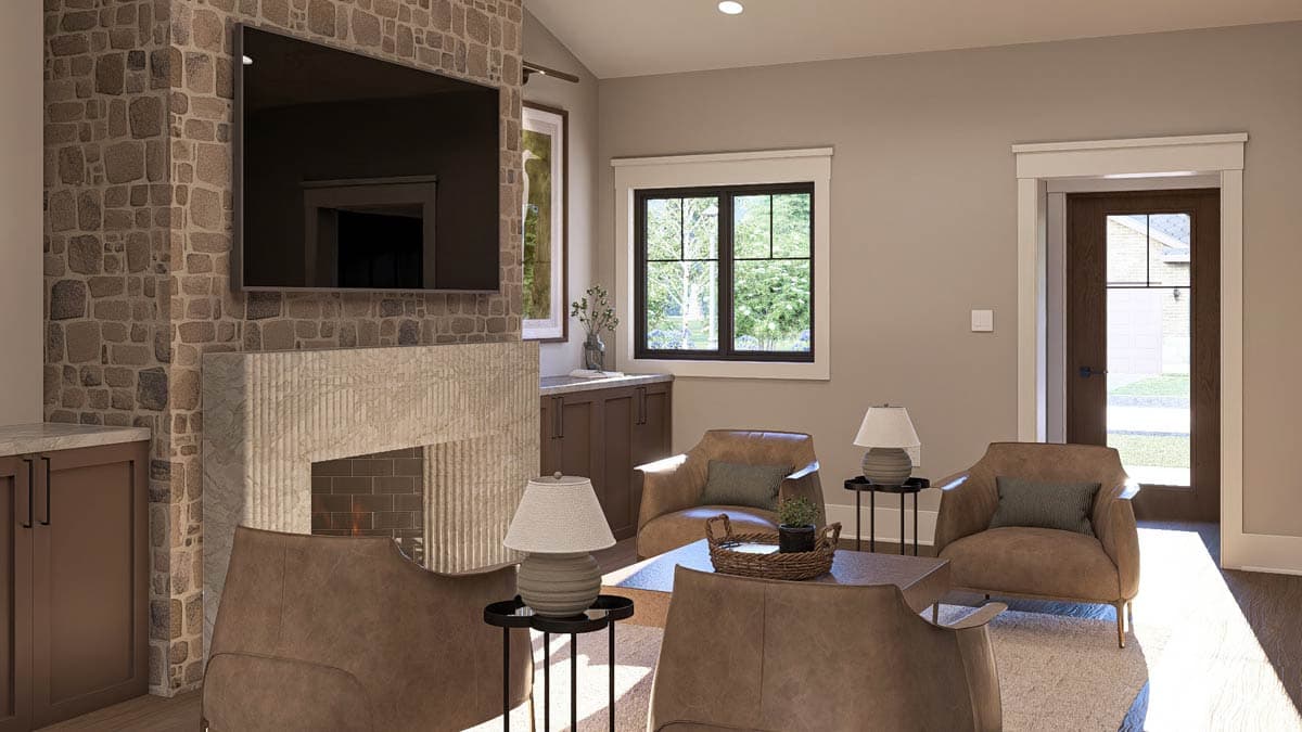 Living room rendering with stone fireplace, television, window, and seating area.