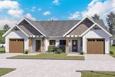 One-Story Craftsman Duplex with Matching 2-Bed Units Under 1250 Sq Ft
