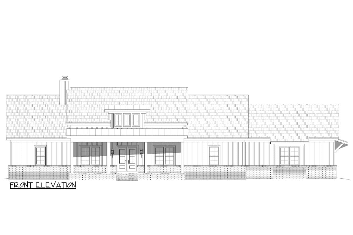 Front elevation drawing of a two-story house plan with a covered porch, gabled dormer, and mixed siding and brick base.