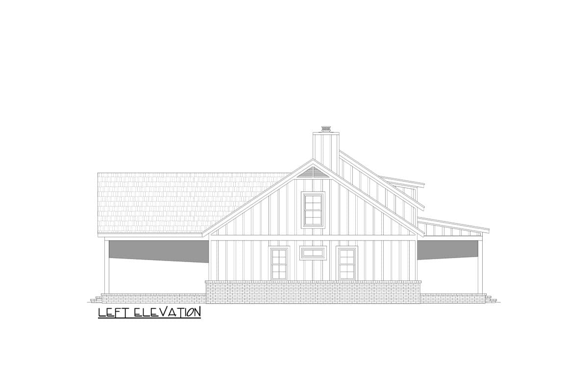 Left elevation drawing of a house plan with gabled dormer, shed roof, and covered porch.