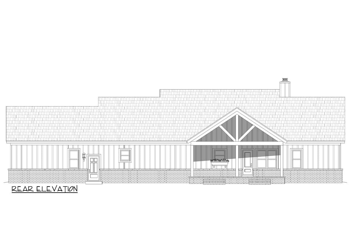 Rear elevation house plan with brick foundation, gabled porch with exposed beams, vertical siding, and chimney.