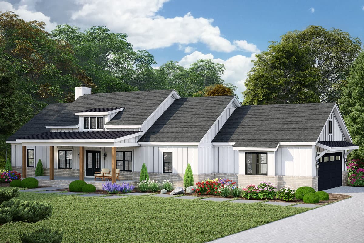 Modern Farmhouse house plan exterior with a gabled roof, dormers, and a covered porch. Features a front-facing garage and board and batten siding.