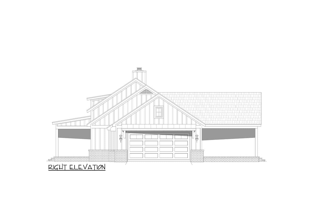 Right elevation house plan showing a two-story structure with a prominent garage, gabled roof, and covered porch.