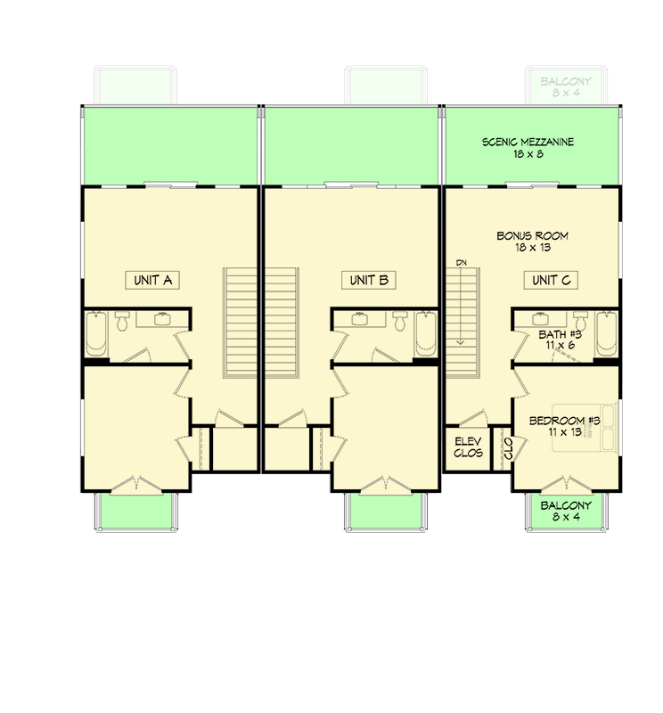 Plan 680497VR: Contemporary Triplex House Plan with Matching 3-Bed Units - 2133 Sq Ft  - Floor Plan - 3rd Floor - Coastal Contemporary, Contemporary
