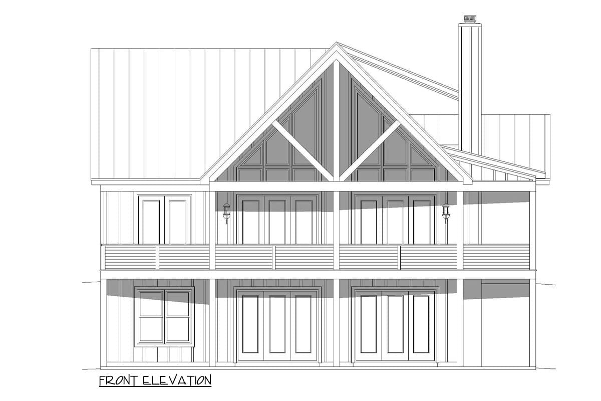 Front elevation drawing of a two-story house plan with a prominent gable, metal roof, and multiple French doors.