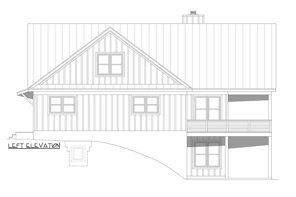 Left elevation house plan drawing shows a two-story home with a gable roof, dormer, and a balcony.