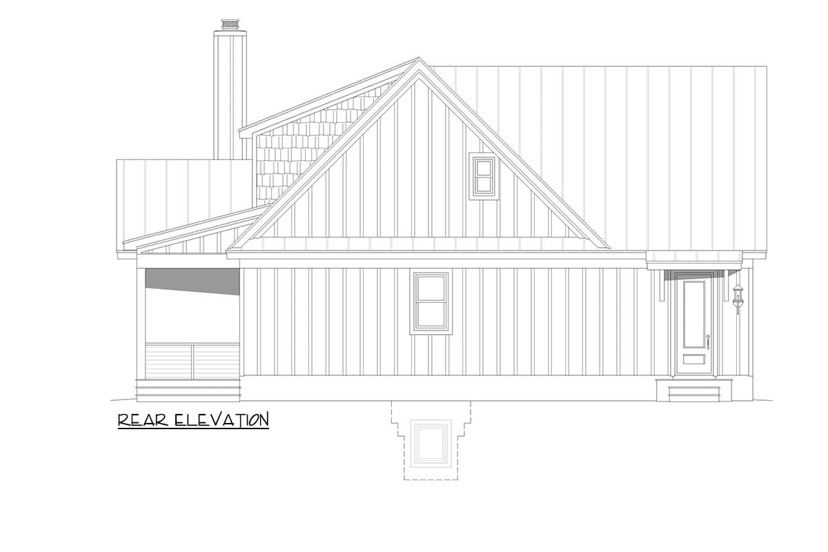 Rear elevation drawing of a house plan featuring a prominent gable with dormer, chimney, and covered porch.