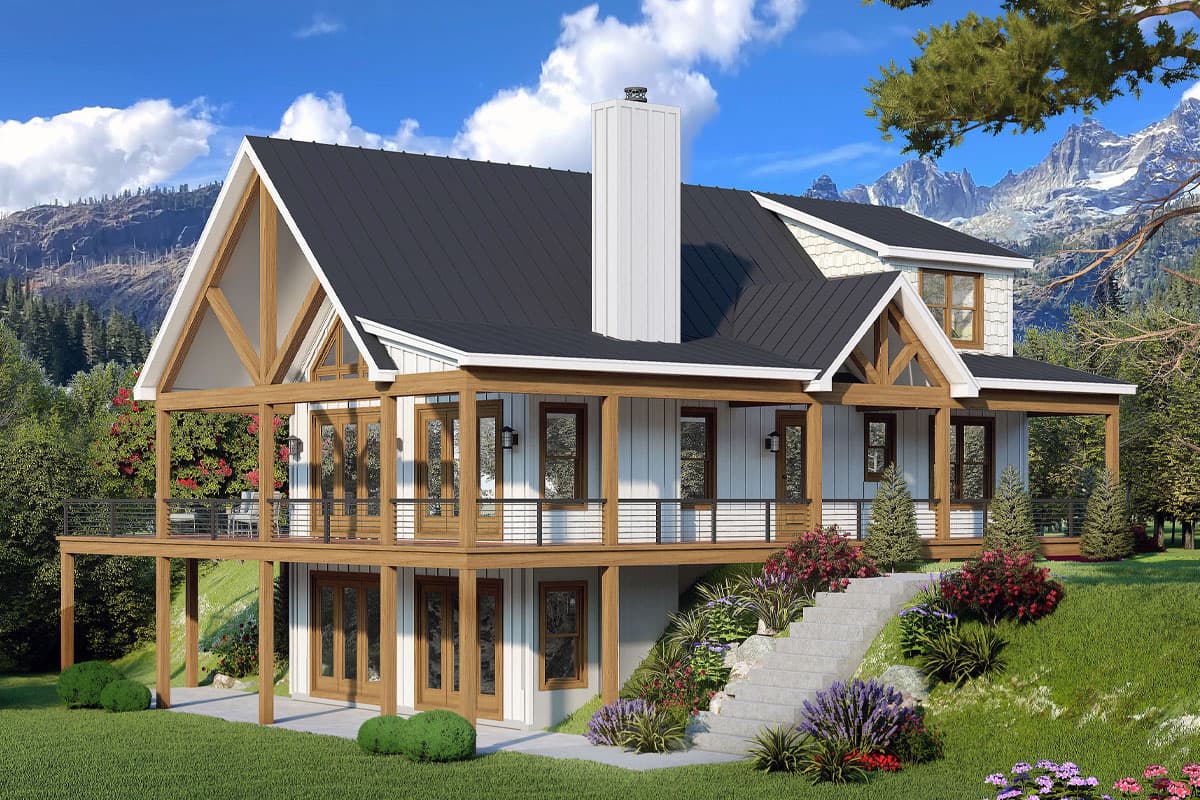 House plan exterior view, two-story modern farmhouse style with exposed timber gable ends, covered porch, and a metal roof.