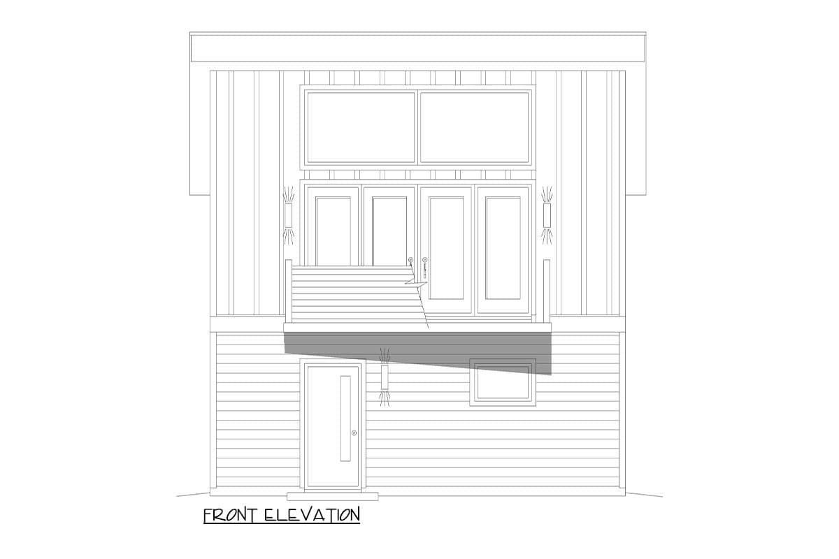 Front elevation drawing showing a main entrance door, upper-level balcony with double doors, and stacked windows.
