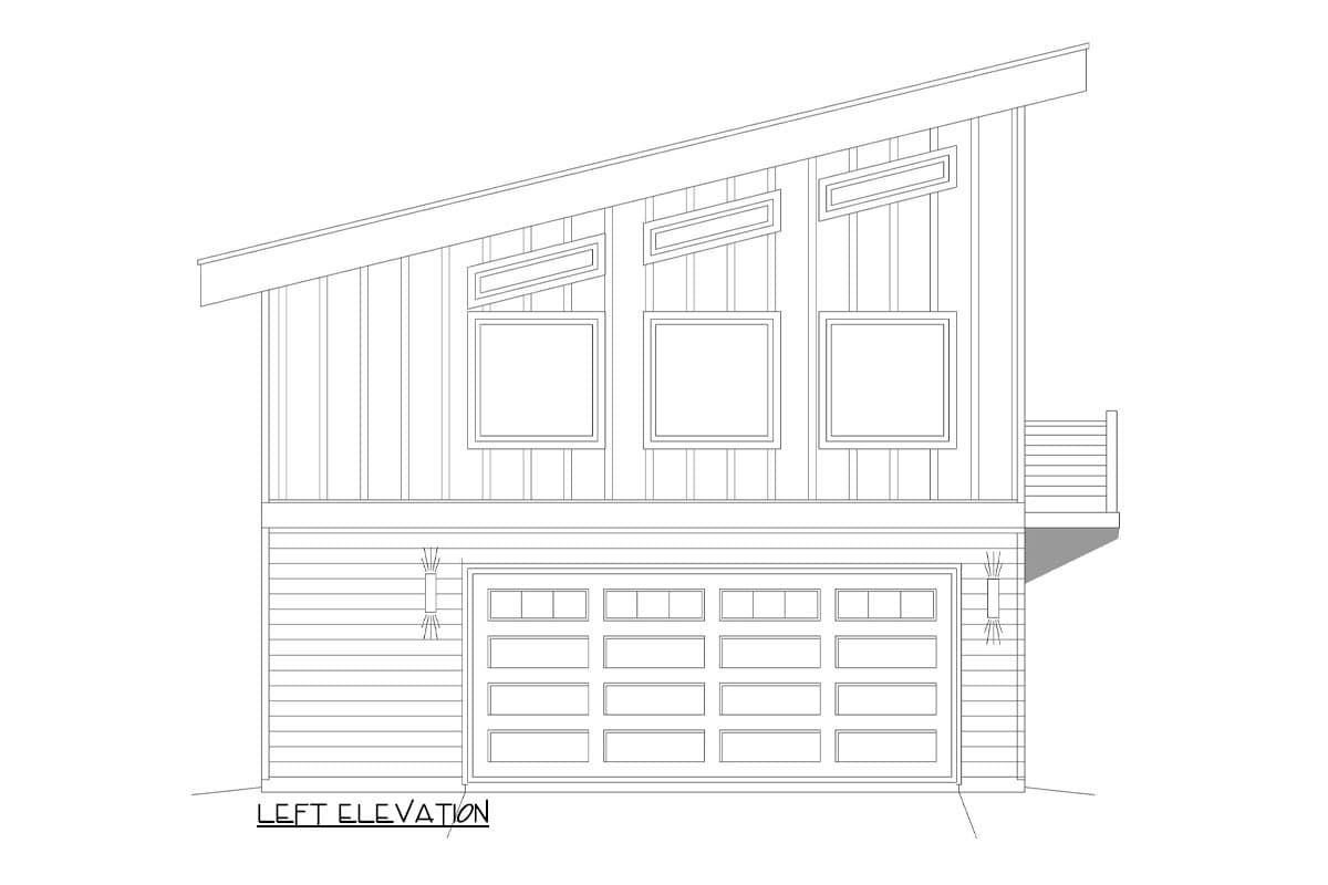 Left elevation drawing of a house plan featuring a sloped roof, vertical siding, multiple windows, and a two-car garage.