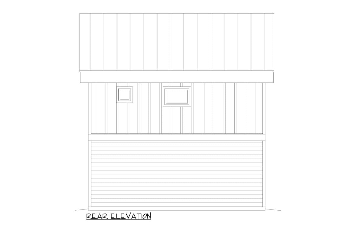 Rear elevation drawing of a house plan. Features a metal roof, vertical siding, two windows, and horizontal siding on the lower section.