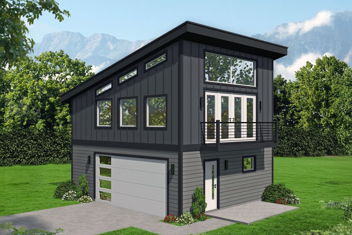 House plan exterior with modern style, two stories, flat roof, balcony, and clerestory windows above regular windows.