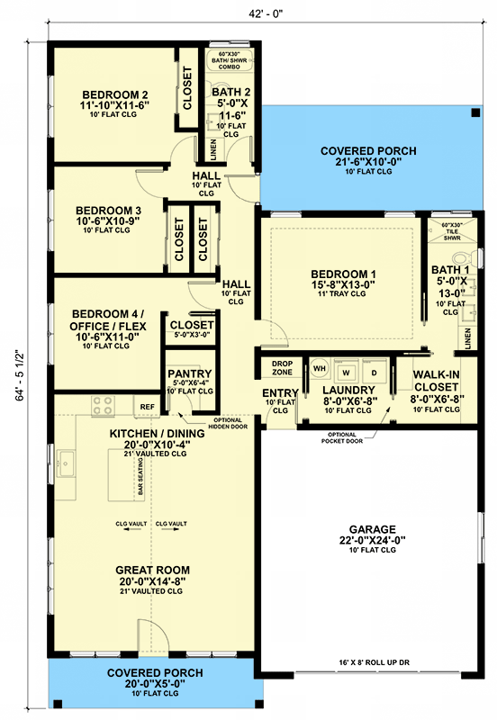 Plan 421008HFC: 4-Bed Country House Plan with Two-Story Great Room - 1668 Sq Ft - Floor Plan - Main Level - Country, Craftsman, Ranch, Traditional
