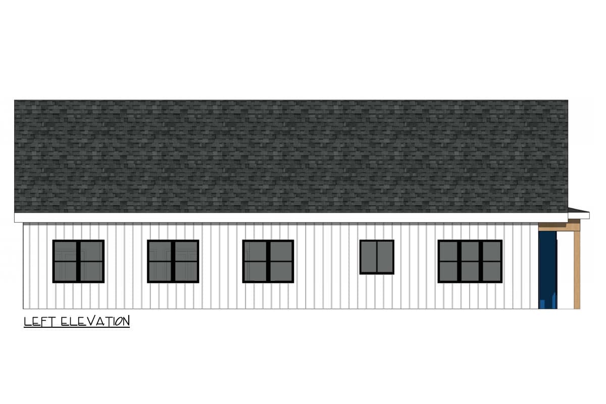Left elevation of a house plan. Features white vertical siding, a dark pitched roof, and multiple dark-framed windows.