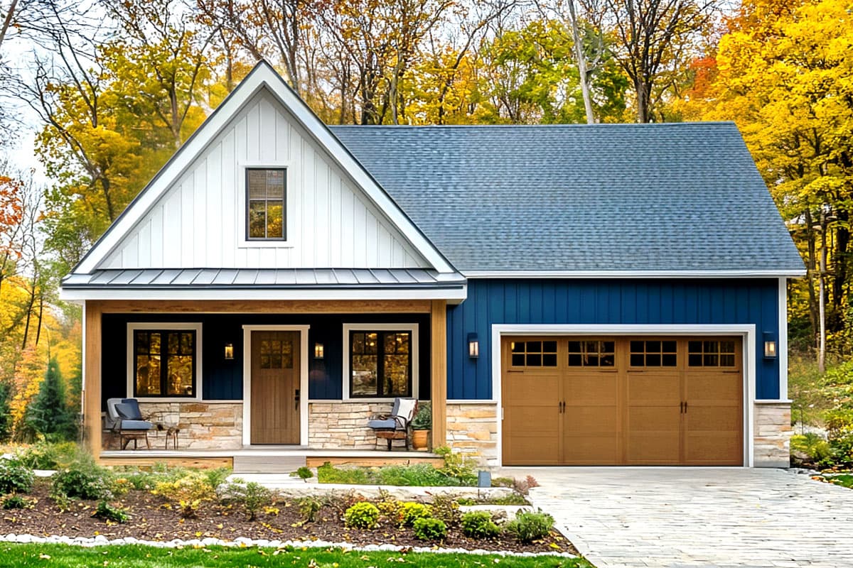 House plan exterior. Craftsman style, one story. Features include a front porch, gabled roof, and attached garage. Stone and shingle siding.