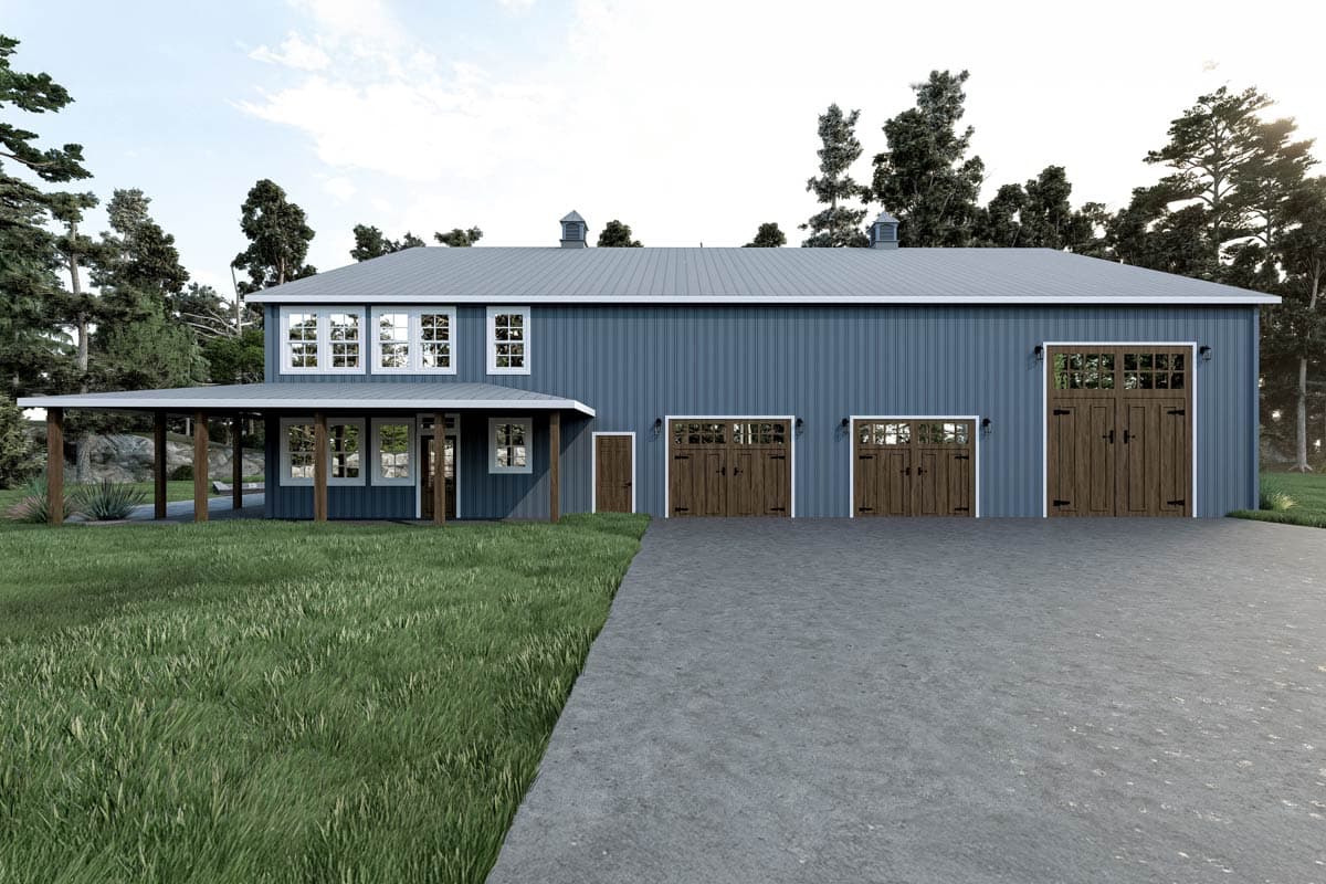 House plan exterior: two-story blue metal building with covered porch, multiple garage doors, and upper-level windows.
