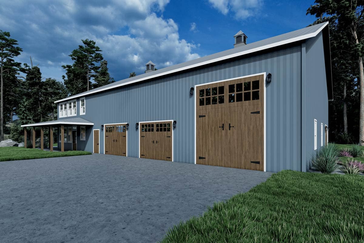 House plan exterior of a two-story dwelling with blue metal siding, a covered porch, and three wooden garage doors.