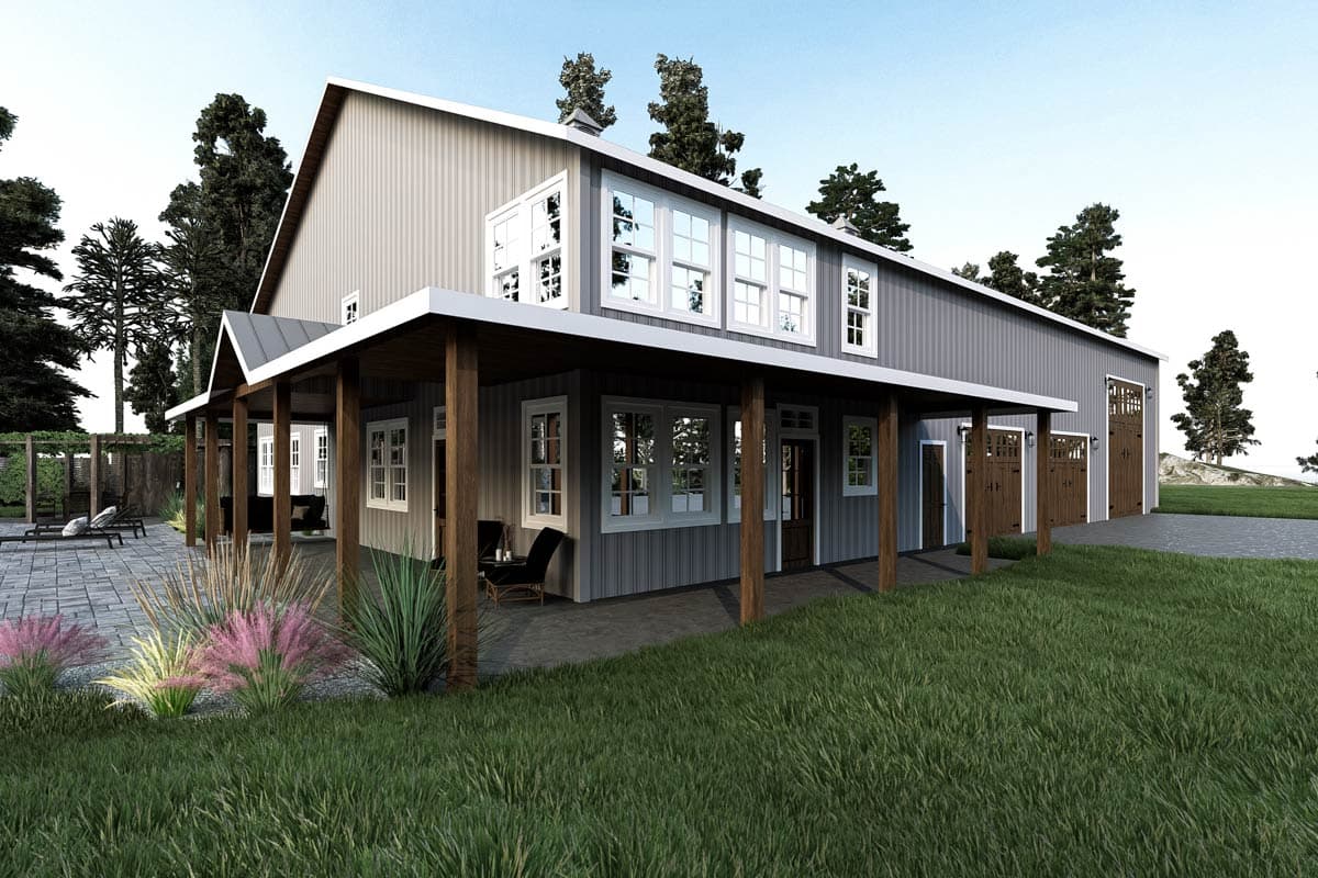 House plan exterior with metal siding, wraparound porch, upper-level dormer windows, and a three-bay garage.