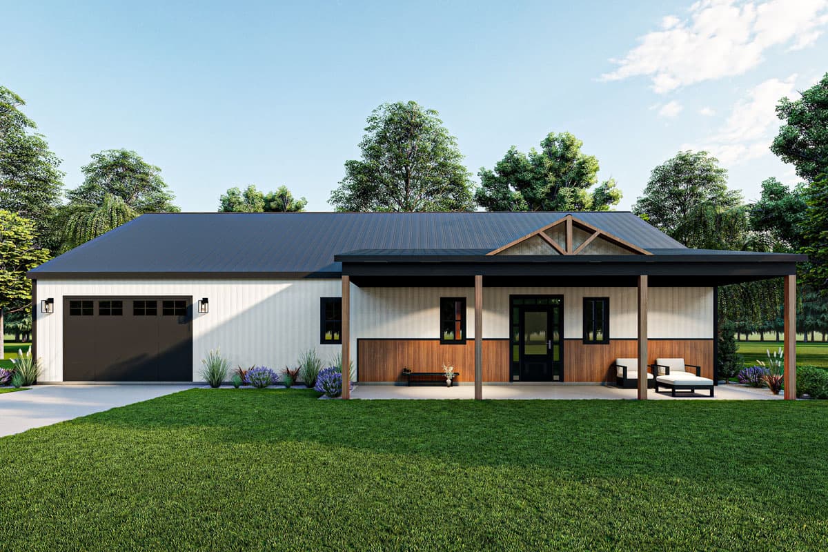 House plan exterior. Ranch-style house with one story, flat roof, and covered porch with exposed beams. Attached garage with black door.