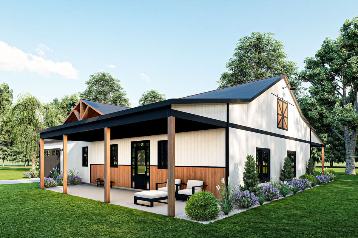 Modern Farmhouse house plan exterior with covered porch, gables, and prominent rooflines.