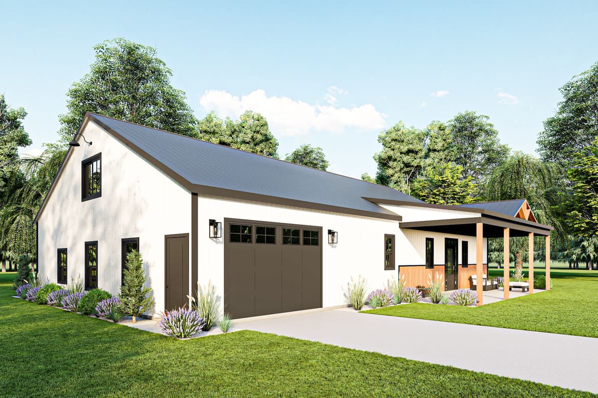 Modern Farmhouse house plan exterior, one story, with a metal roof, attached garage, and covered porch.