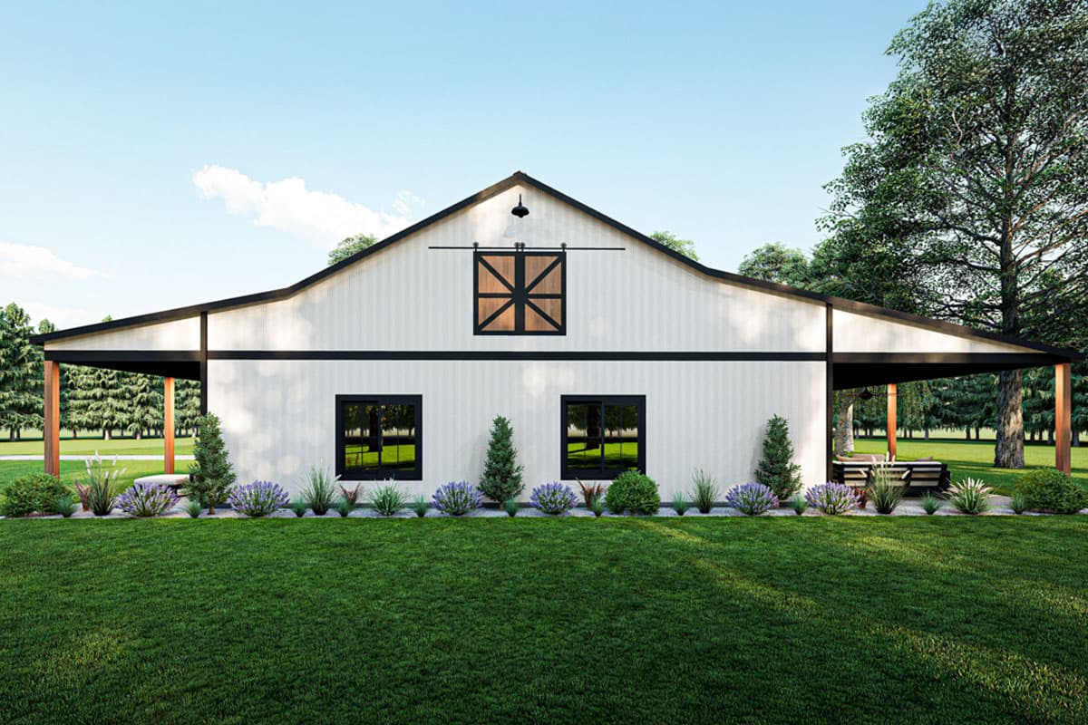 Modern farmhouse house plan exterior with a gable roof, white vertical siding, and a covered porch.