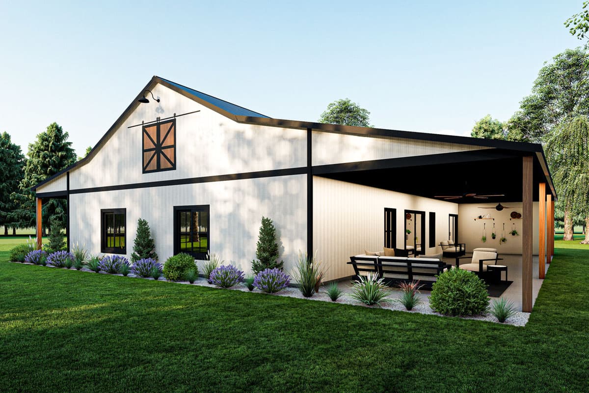 Modern farmhouse style house plan exterior, one story, with a covered patio and a barn door gable accent.