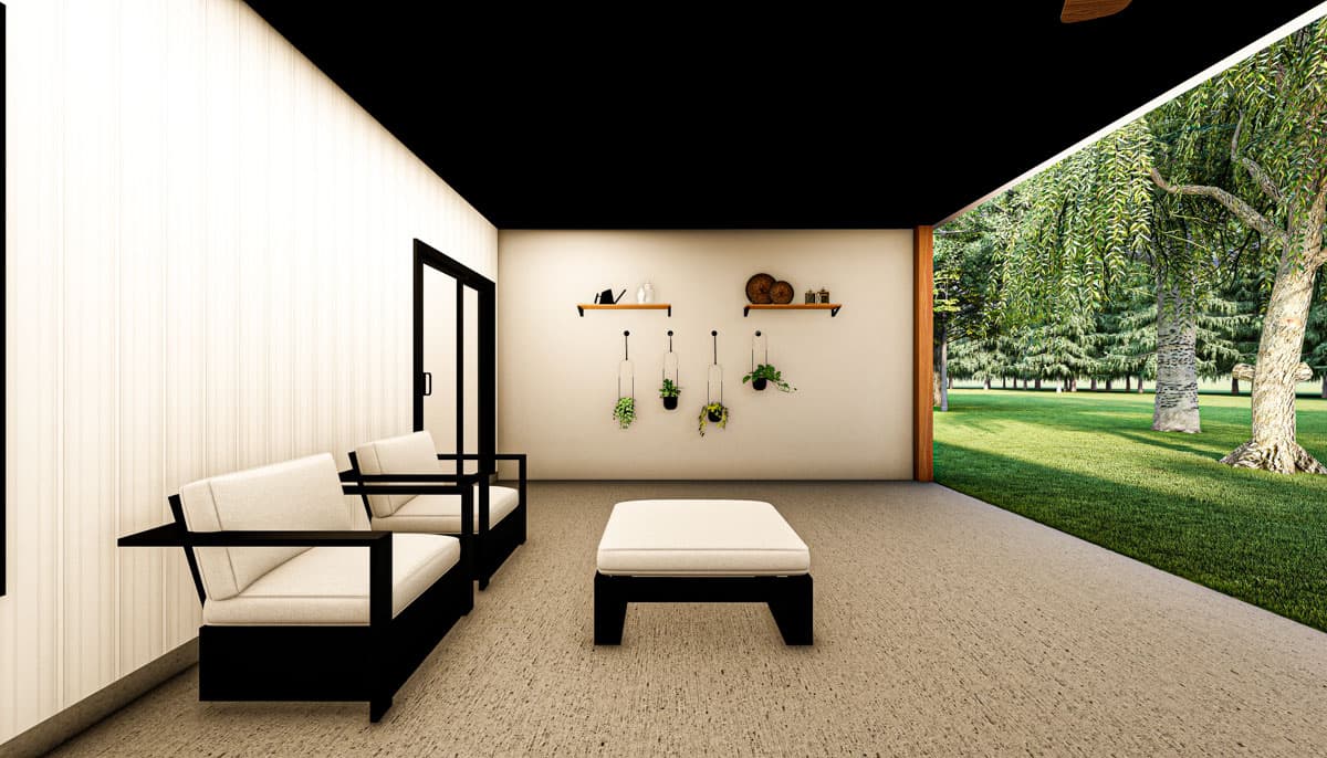 Covered patio with seating and ottoman, open to a grassy backyard with trees.