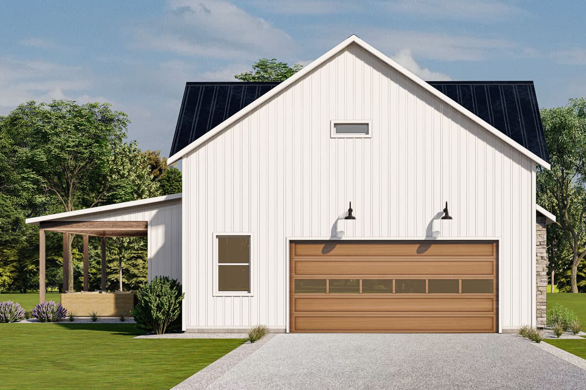 Modern Farmhouse house plan exterior with white board and batten siding, wood garage door, and covered porch.
