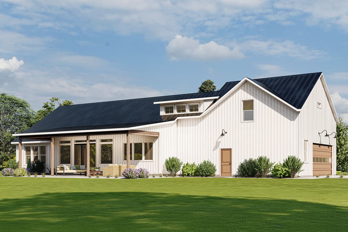 House plan exterior: Modern Farmhouse style, one-and-a-half stories, covered porch, gables, dormers, and attached garage.