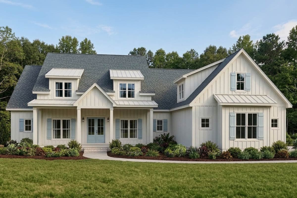 Modern Farmhouse style house plan exterior with a prominent gable, dormers, board and batten siding, and a covered front porch.