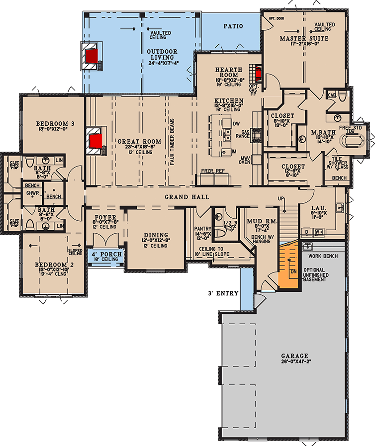 Plan 70908MK: Two-Story European House Plan with Hearth Room - 3755 Sq Ft - Floor Plan - Main Level - European, Traditional