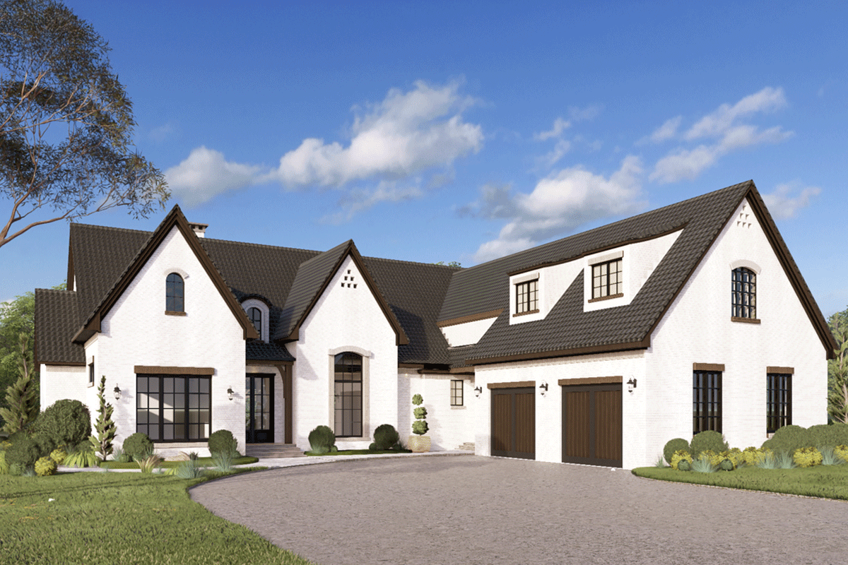 House plan exterior: white brick, multi-gabled roof, arched windows, and a three-car garage.
