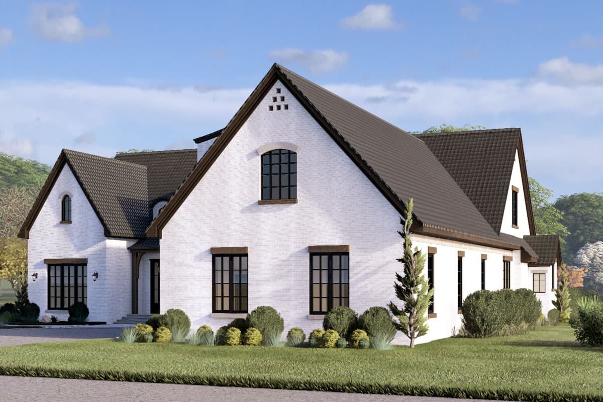 House plan exterior: Two-story modern farmhouse with white brick, gabled rooflines, and large multi-pane windows.