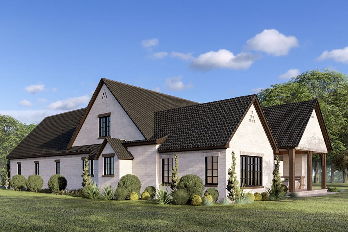 House plan exterior rendering of a two-story Modern Farmhouse with a prominent gable, dark roof, and covered porch.