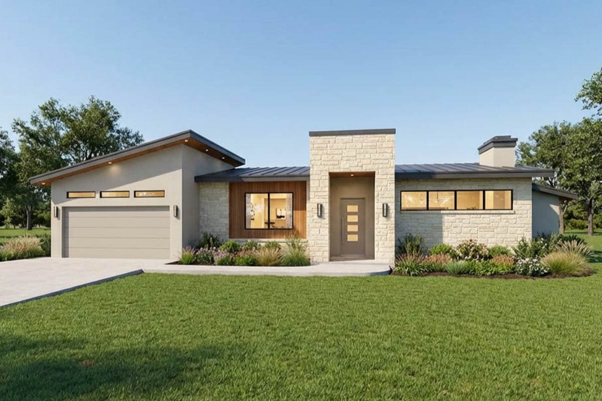 Modern single-story house plan exterior with stone accents, a slanted roof, wide garage door, and horizontal windows.