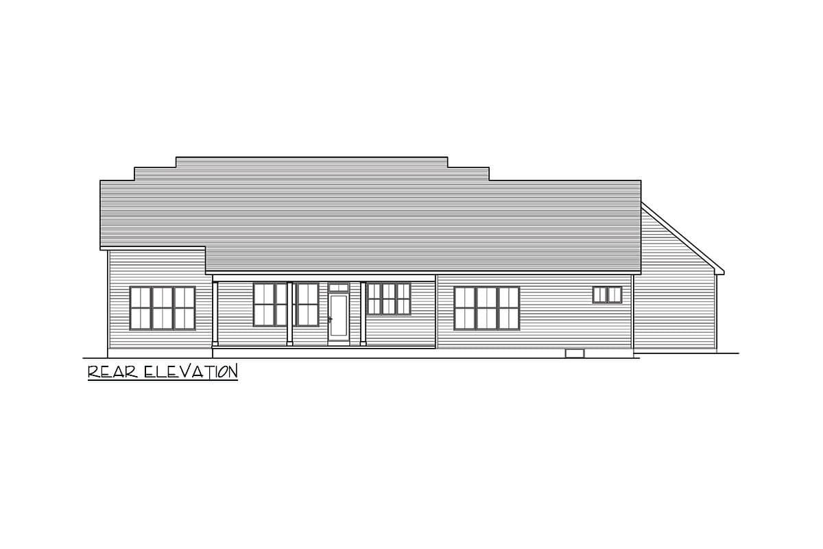 Rear elevation drawing of a single-story house plan with a covered porch and multiple windows.