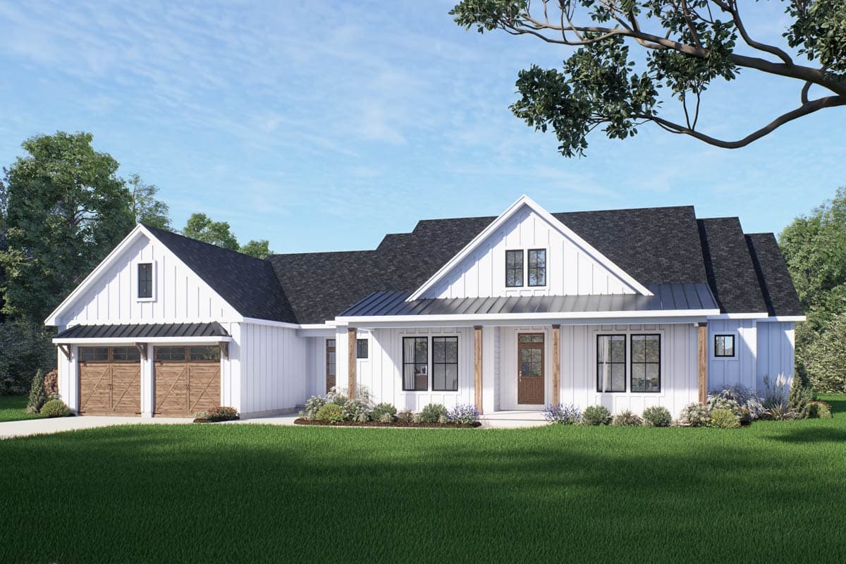Modern Farmhouse house plan exterior with two-car garage, covered porch, gables, and board-and-batten siding.