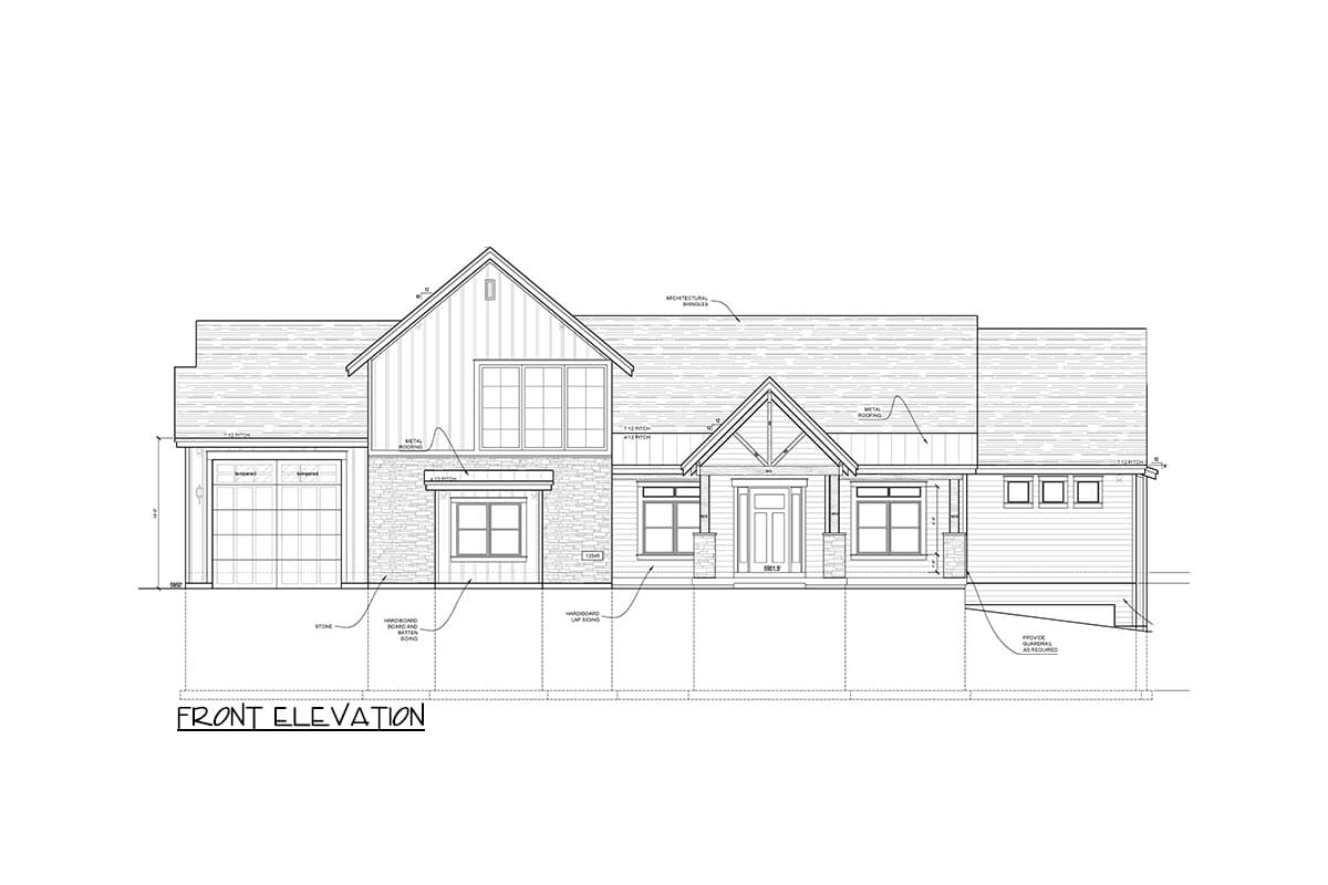 Front elevation of a two-story house plan with stone and board and batten siding, a covered entry porch, and a side-facing garage.