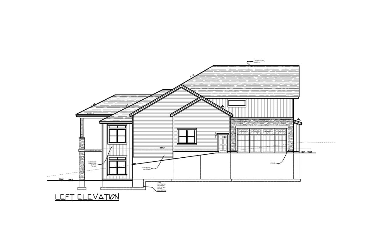 Left elevation house plan: Two stories, lap siding, stone-clad garage with multi-paneled doors, and gabled dormers.