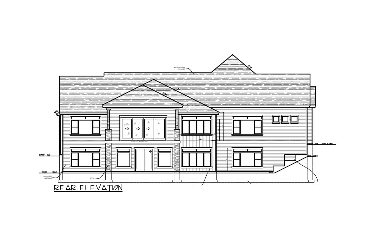 Rear elevation drawing of a two-story house plan featuring gables, dormers, and a multi-paneled rear entry.